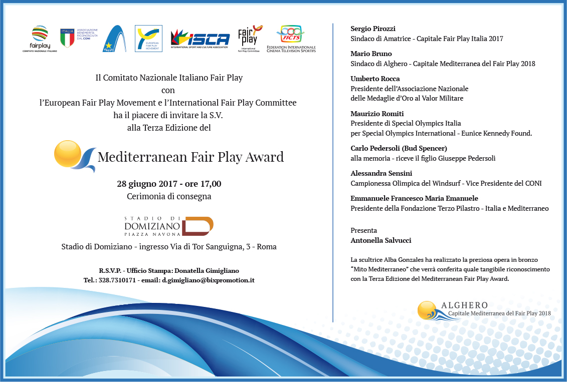 Roma: Al via la Terza edizione del Mediterranean Fair Play Award