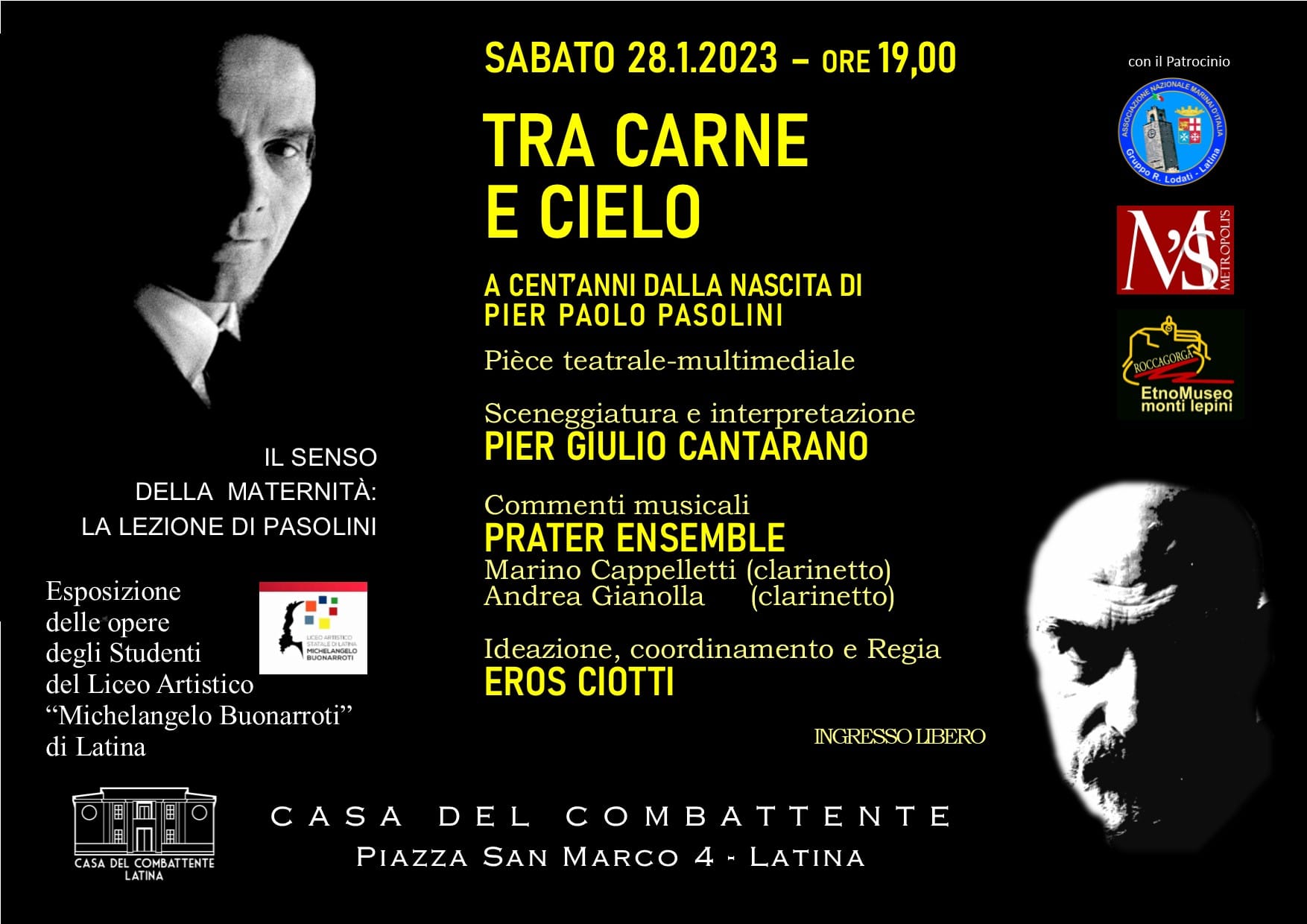 Teatro: “Tra Carne e Cielo” Pier Giulio Cantarano ricorda Pier Paolo Pasolini