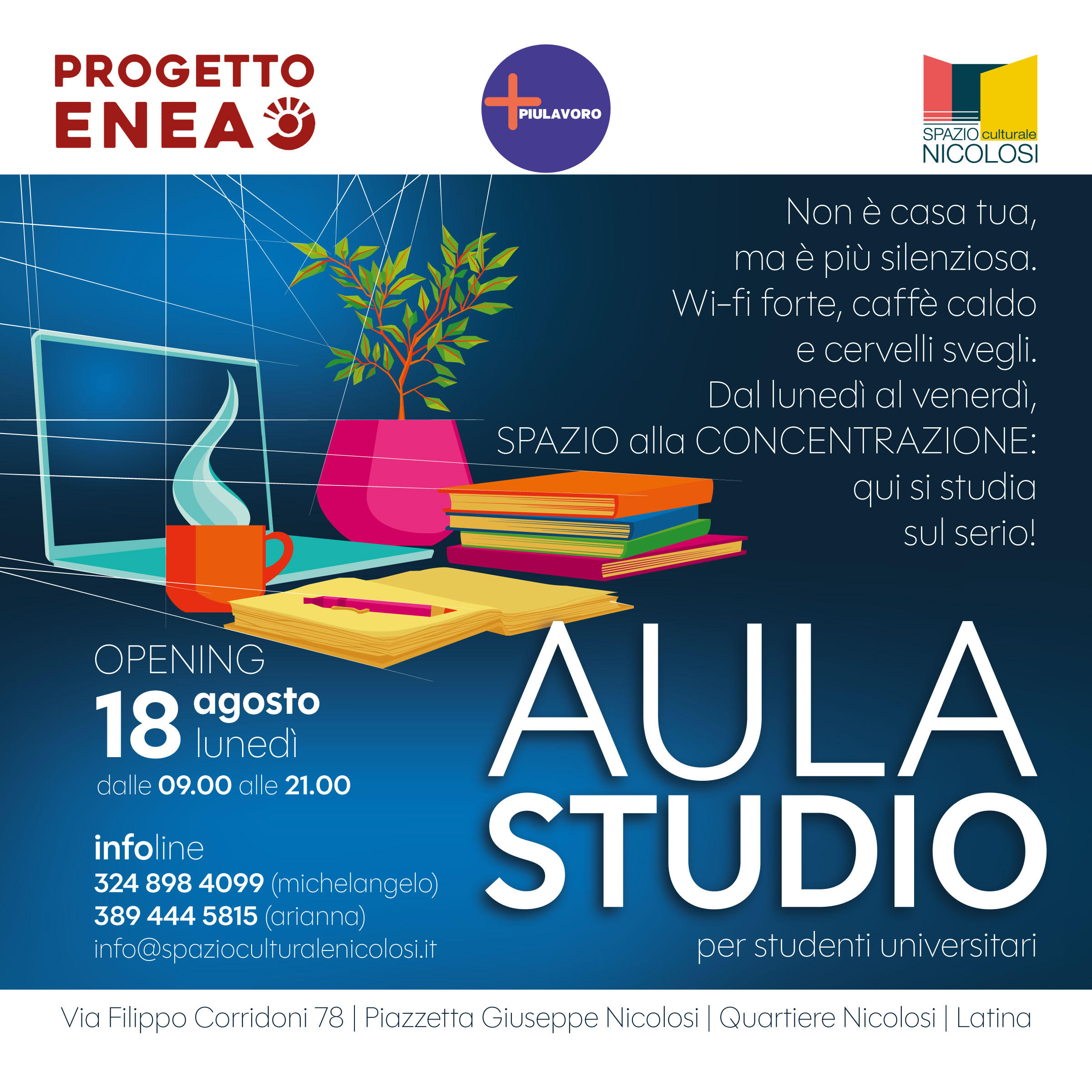 Apre a Latina una nuova aula studio gratuita: colazione d’inaugurazione il 18 agosto allo Spazio Culturale Nicolosi